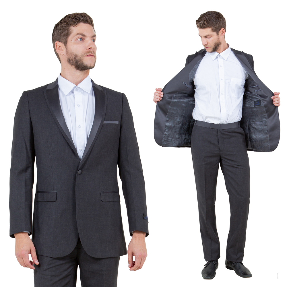 Slim Fit 2pc Tuxedo w/ Satin Peak Lapel by Bryan Michaels, Dark Grey